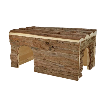 Cachette en bois pour animaux de compagnie avec un extérieur en écorce texturé et deux entrées arquées, idéale pour les petits animaux.