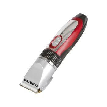 Akkuschermaschine Sonic Ein roter und silberner Haustierpflegeclipper mit schlankem Design, ausgestattet mit einer Klinge und Tasten für den Betrieb.