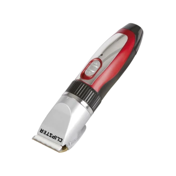 Ein roter und silberner Haustierpflegeclipper mit schlankem Design, ausgestattet mit einer Klinge und Tasten für den Betrieb.