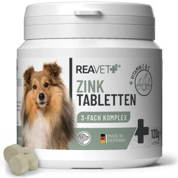 Behälter von REAVET Zink Tabletten für Hunde, mit einem Shetland Sheepdog auf dem Etikett, mit Text, der hohe Dosierung plus Vitamine C & E anzeigt.