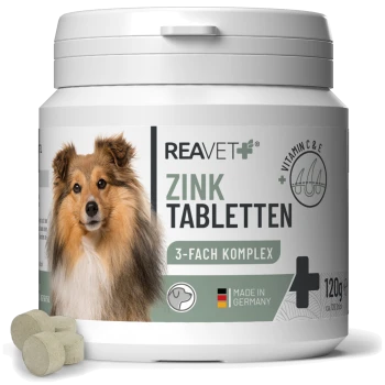 Behälter von REAVET Zink Tabletten für Hunde, mit einem Shetland Sheepdog auf dem Etikett, mit Text, der hohe Dosierung plus Vitamine C & E anzeigt.