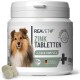 Behälter von REAVET Zink Tabletten für Hunde, mit einem Shetland Sheepdog auf dem Etikett, mit Text, der hohe Dosierung plus Vitamine C & E anzeigt.
