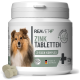 Behälter von REAVET Zink Tabletten für Hunde, mit einem Shetland Sheepdog auf dem Etikett, mit Text, der hohe Dosierung plus Vitamine C & E anzeigt.