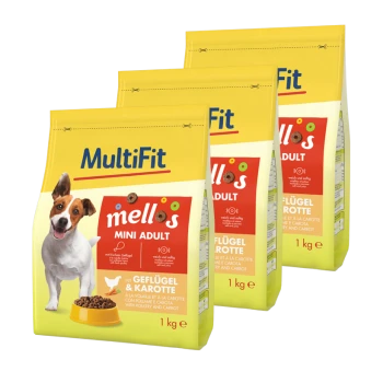 Drei Säcke MultiFit Hundefutter mit der Aufschrift "mellos MINI ADULT", mit Zutaten aus Geflügel und Karotte, jeweils 1 kg schwer.