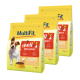 Drei Säcke MultiFit Hundefutter mit der Aufschrift "mellos MINI ADULT", mit Zutaten aus Geflügel und Karotte, jeweils 1 kg schwer.