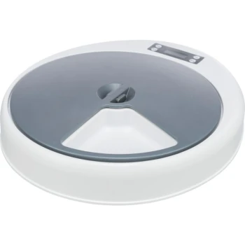 Automatischer Futterspender für Haustiere mit grauem Deckel und weißem Boden, mit einem digitalen Display und einem dreieckigen Futterfach.