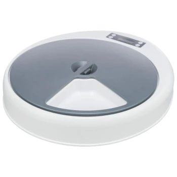 Automatischer Futterspender für Haustiere mit grauem Deckel und weißem Boden, mit einem digitalen Display und einem dreieckigen Futterfach.