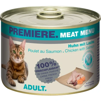 Eine Dose Katzenfutter mit der Aufschrift "Premiere Meat Menu" mit einer Bengal-Katze, die "Huhn mit Lachs" und "100% Frischfleisch" enthält. Für erwachsene Katzen.