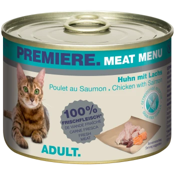 Een blik kattenvoer gelabeld "Premiere Meat Menu" met een Bengaalse kat, met "Huhn mit Lachs" en "100% Frischfleisch." Voor volwassen katten.