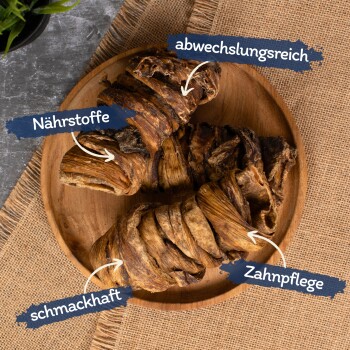 Ein Holzbrett hält kaubare Hundeleckerlis, die als nahrhaft, geschmackvoll, abwechslungsreich und zahnfreundlich gekennzeichnet sind.