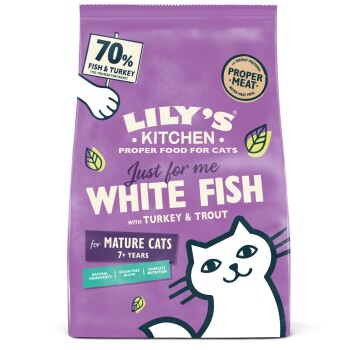 Sac de nourriture pour chat Lily's Kitchen avec "Just for me White Fish" avec dinde et truite, 70% poisson et dinde, pour les chats matures de 7 ans et plus.