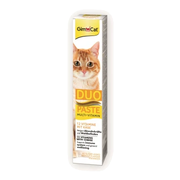 GimCat Duo Paste Multivitamin-Katzenpaste Verpackung mit Foto einer orangenen Katze; sichtbarer Text 'DUO PASTE' und '12 VITAMINS WITH CHEESE'