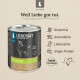 Dose Liebesgut Hundefutter ("Ziege für Hunde") mit Ziegenillustration, Slogan "Weil Liebe gut tut." und Angaben: glutenfrei, getreidefrei, laktosefrei