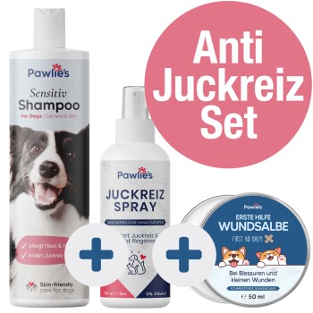 Pawlie's Anti Juckreiz Komplettset mit einem Shampoo für empfindliche Haut, einem Anti-Juckreiz-Spray und einem Erste-Hilfe-Balsam für Hunde, mit dem Text 'Jetzt neu!'