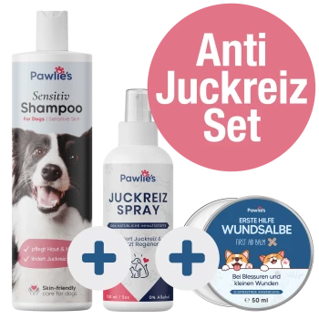 Pawlie's Anti Juckreiz Komplettset mit einem Shampoo für empfindliche Haut, einem Anti-Juckreiz-Spray und einem Erste-Hilfe-Balsam für Hunde, mit dem Text 'Jetzt neu!'