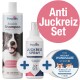 Pawlie's Anti Juckreiz Komplettset mit einem Shampoo für empfindliche Haut, einem Anti-Juckreiz-Spray und einem Erste-Hilfe-Balsam für Hunde, mit dem Text 'Jetzt neu!'