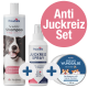 Pawlie's Anti Juckreiz Komplettset mit einem Shampoo für empfindliche Haut, einem Anti-Juckreiz-Spray und einem Erste-Hilfe-Balsam für Hunde, mit dem Text 'Jetzt neu!'