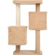 A beige cat tree featuring two plush cubed resting areas, a scratching post, and a flat top platform for climbing and lounging.