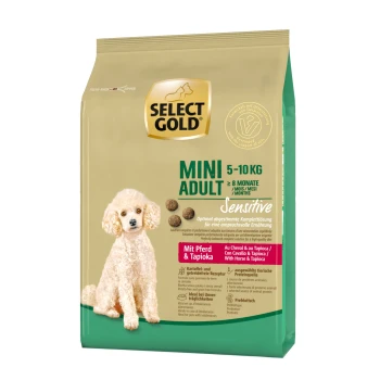Select Gold Mini Adult dog food bag, 5-10 kg, for sensitive dogs, featuring a poodle and text highlighting ingredients like horse and tapioca.