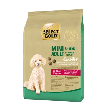 Sac de nourriture pour chiens Select Gold Mini Adult, 5-10 kg, pour chiens sensibles, présentant un caniche et un texte mettant en avant des ingrédients comme le cheval et la tapioca.