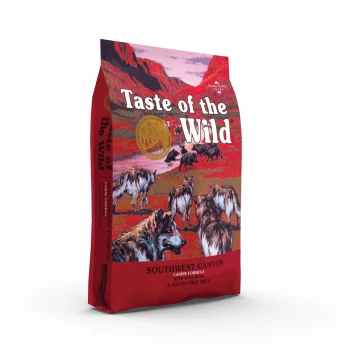 Rote Tüte 'Taste of the Wild' Hundefutter mit einem Southwest Canyon Design, als getreidefrei mit Wildschwein gekennzeichnet.