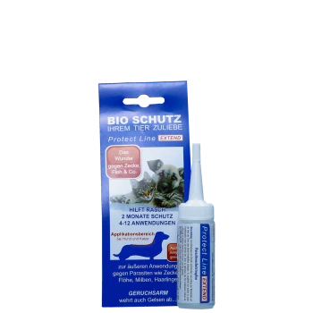 Blaue BIO SCHUTZ Protect Line EXTEND Floh-/Zeckenbehandlungspackung mit Foto von Katze und Hund und weißem Applikator, deutscher Text.