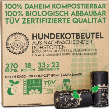 Verpackung von biologisch abbaubaren Hundekotbeuteln, mit 270 Beuteln, 18 Rollen, Abmessungen 33x23 cm und TÜV-zertifizierter Qualität.