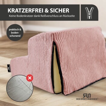 Rosa gerippter Treppenbezug für Haustiere mit Reißverschluss und Schaumstoff, deutscher Text 'KRATZERFREI & SICHER', Rohrschneider-Logo.