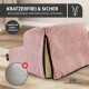 Rosa gerippter Treppenbezug für Haustiere mit Reißverschluss und Schaumstoff, deutscher Text 'KRATZERFREI & SICHER', Rohrschneider-Logo.