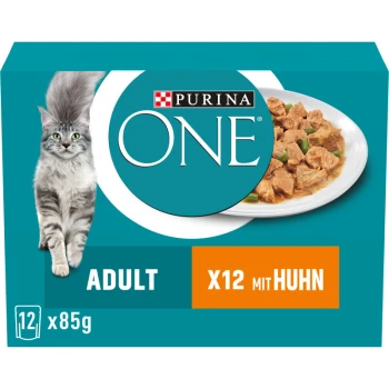 Verpackung von Purina ONE Katzenfutter mit einer grauen Katze, beschriftet "ADULT X12 mit Huhn," mit einem Teller voller Hühnerstücke daneben.