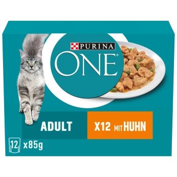 Verpackung von Purina ONE Katzenfutter mit einer grauen Katze, beschriftet "ADULT X12 mit Huhn," mit einem Teller voller Hühnerstücke daneben.