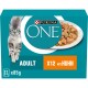 Verpackung von Purina ONE Katzenfutter mit einer grauen Katze, beschriftet "ADULT X12 mit Huhn," mit einem Teller voller Hühnerstücke daneben.