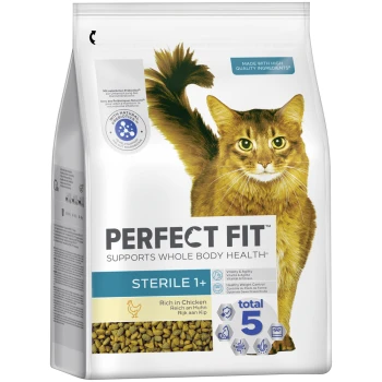 Beutel Sterile 1+ mit Huhn 2,8 kg Hundefutterbeutel mit der Aufschrift "Perfect Fit", der eine goldene Katze zeigt, mit den Hinweisen "Unterstützt die Gesundheit des gesamten Körpers", "Steril 1+" und "Reich an Huhn."
