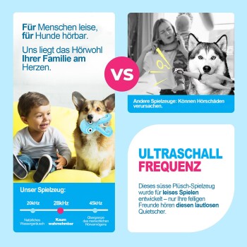 Anzeige zeigt Kind und Corgi mit blauem Ultraschall-Oktopus-Spielzeug gegenüber verängstigtem Husky; pinker 'VS'-Kreis und Text 'ULTRASCHALL FREQUENZ'