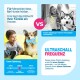 Anzeige zeigt Kind und Corgi mit blauem Ultraschall-Oktopus-Spielzeug gegenüber verängstigtem Husky; pinker 'VS'-Kreis und Text 'ULTRASCHALL FREQUENZ'