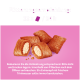 Mit Creme gefüllte Snackkissen für Haustiere auf rosa Hintergrund; deutscher Text 'Fütterungsempfehlung: 12 x □ / 24 h'