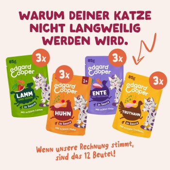 Edgard Cooper Nassfutter-Beutel (85 g) auf Display mit deutscher Überschrift, dass Katzen nicht langweilig werden, und Fußzeile '12 Beutel'