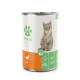 Dose Katzenfutter mit der Aufschrift "Fellicita" und einem Bild einer getigerten Katze, mit einem orangefarbenen Abschnitt mit der Aufschrift "Ente" und grünen Symbolen für Nährstoffe.