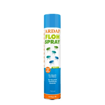 Dose ARDAP FLOH SPRAY — blau/weiß, 750 ml Flohschutz mit Floh-Symbolen; Aufschrift „Zur Abwehr von Flöhen“ und ardap.de.
