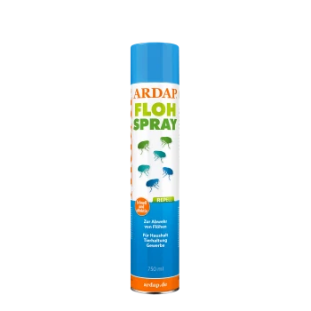 Dose ARDAP FLOH SPRAY — blau/weiß, 750 ml Flohschutz mit Floh-Symbolen; Aufschrift „Zur Abwehr von Flöhen“ und ardap.de.