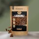 Eine Tüte ALPHAZOO Futter "LECKERLI" Katzensnacks, mit einem schwarz-braunen Design, mit sichtbarem Text, der "96% Fleischanteil" und "Ente" angibt.