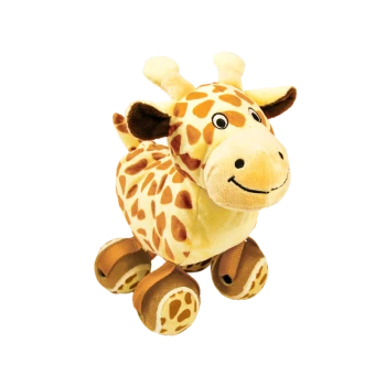 Plüsch-Giraffe in Gelb mit braunen Flecken, lächelndem Gesicht und radähnlichen, gepolsterten Pfoten.