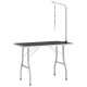 Klappbarer Grooming-Tisch mit schwarzer Oberfläche und silbernen Beinen, ausgestattet mit einem verstellbaren Arm mit Leinenbefestigung.