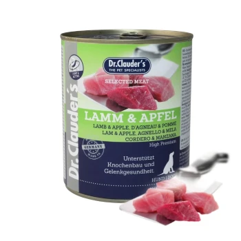 Dosen-Hundefutter mit der Aufschrift "Dr. Clauder's Selected Meat: Lamm & Apfel," mit Fleischstücken und Text, der die Unterstützung der Gelenkgesundheit hervorhebt.