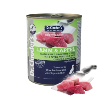 Dosen-Hundefutter mit der Aufschrift "Dr. Clauder's Selected Meat: Lamm & Apfel," mit Fleischstücken und Text, der die Unterstützung der Gelenkgesundheit hervorhebt.