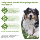 Hund kaut einen Zahnpflegesnack auf dem Gras neben deutschem Text „Fang heute mit der Zahnpflege deines Hundes an“ und Whimzees-Logo.