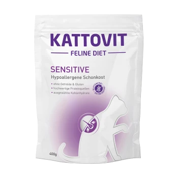 Kattovit Feline Diet Sensitive Katzenfutter in einer weißen Tüte mit lila Text, beschriftet mit "SENSITIVE" und "Hypoallergene Schonkost", glutenfrei.