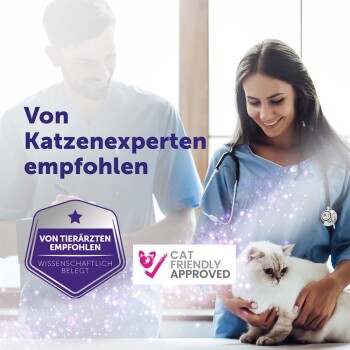 Zwei Tierärzte in OP-Kleidung, Frau hält weiße Katze; Überlagerungstext „Von Katzenexperten empfohlen“ und Badge „Cat Friendly Approved“.
