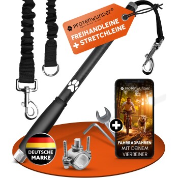 Hundefahrrad-Leinen-Set von Pfotenwunder mit Dehnleine, Montagematerial und App zum Radfahren mit Hund, deutsche Marke.