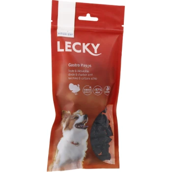 Eine rote Tüte Lecky Gastro Happs Hundeleckerlis mit einem lächelnden Hund auf der Vorderseite, mit Text, der 87% Fleisch und Schweizer Qualität hervorhebt.
